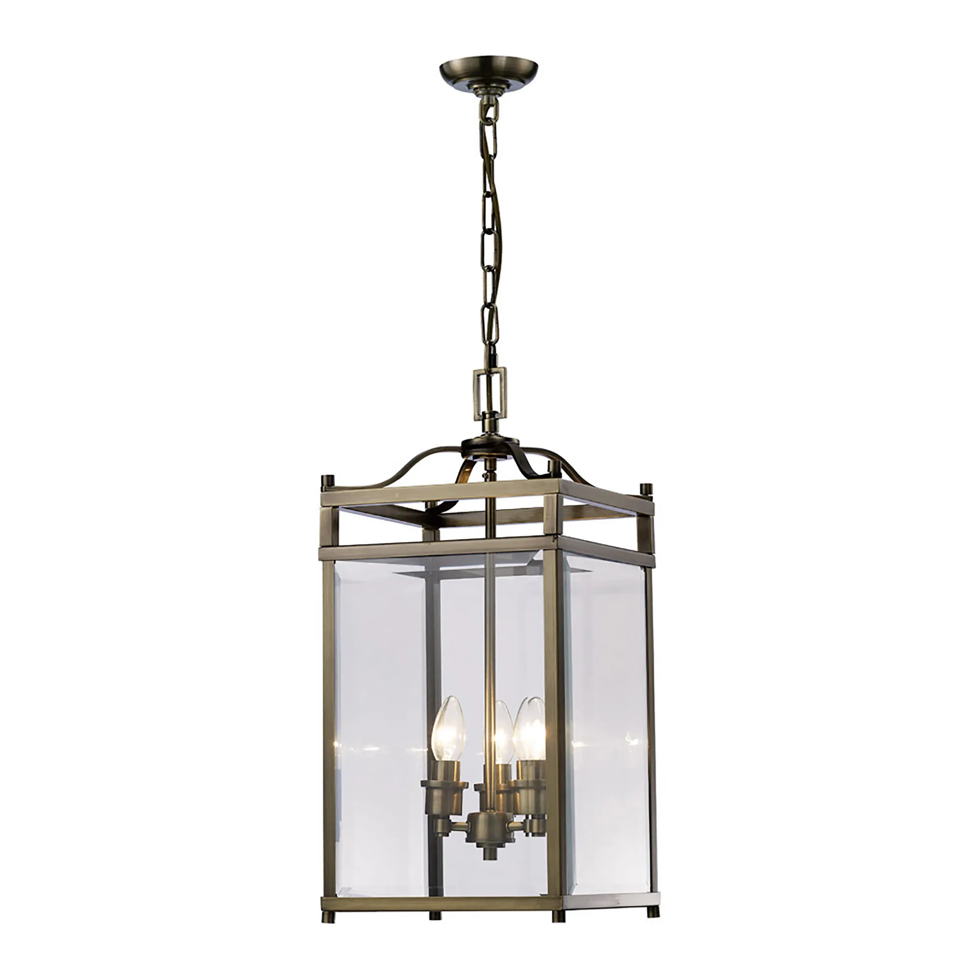 IL31112  Aston Glass Square Pendant 3 Light Antique Brass